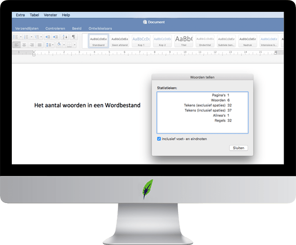 Screenshot computerscherm Microsoft Word woordentel tweede menustap - in kleur op transparante achtergrond - 600 * 496 pixels